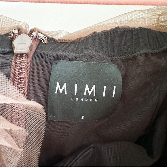 New Mimii London Chocolate Brown Tulle ruffle Bardot mini dress sz Small - Picture 12 of 12